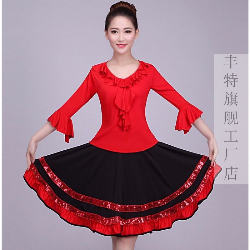 时尚广场舞服装新款跳舞套装短裙中老年成人红色洋气舞蹈裙女
