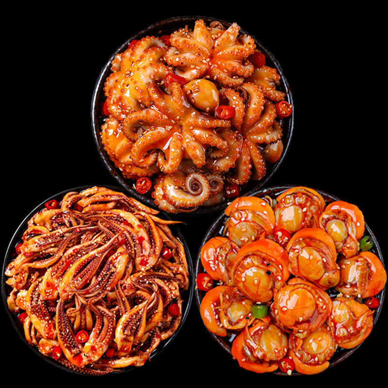 网红零食爆品八爪鱼大爆头小吃即食海鲜即食生蚝鲍鱼扇贝虾尾罐头