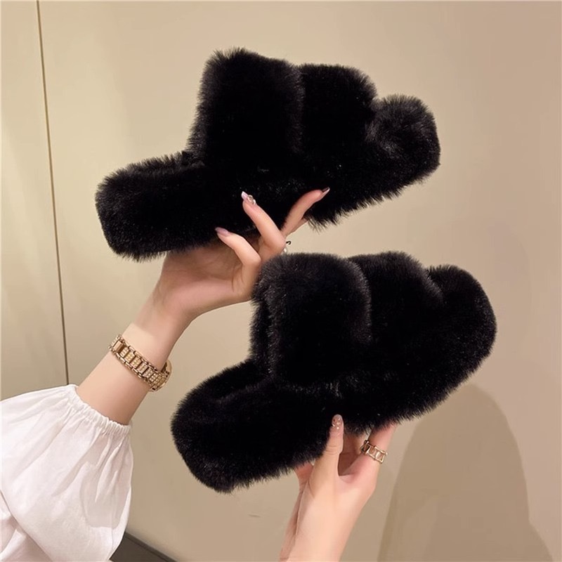 Winter Fluffy Slippers Women's Outerwear 2023 New Ins Trendy Winter and Spring Cross Thick-Soled Cotton Slippers Home Non-Slip