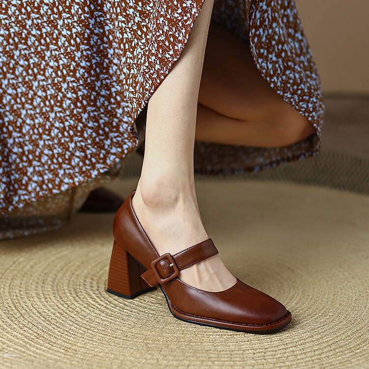 巧克力色粗跟玛丽珍鞋女复古法式羊皮高跟一字扣带方头单鞋小皮鞋