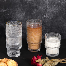 跨境竖条纹可叠玻璃杯美式复古咖啡杯ins水杯浮雕密楞果汁饮料杯