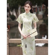 绿色薄款印花旗袍2024年新款新中式国风素雅小清新遮肉少女连衣裙