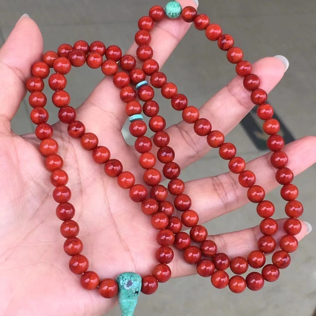天然南红瓦西手串 多圈圆珠手链 108佛珠 毛衣链 满色满肉 鸽血红