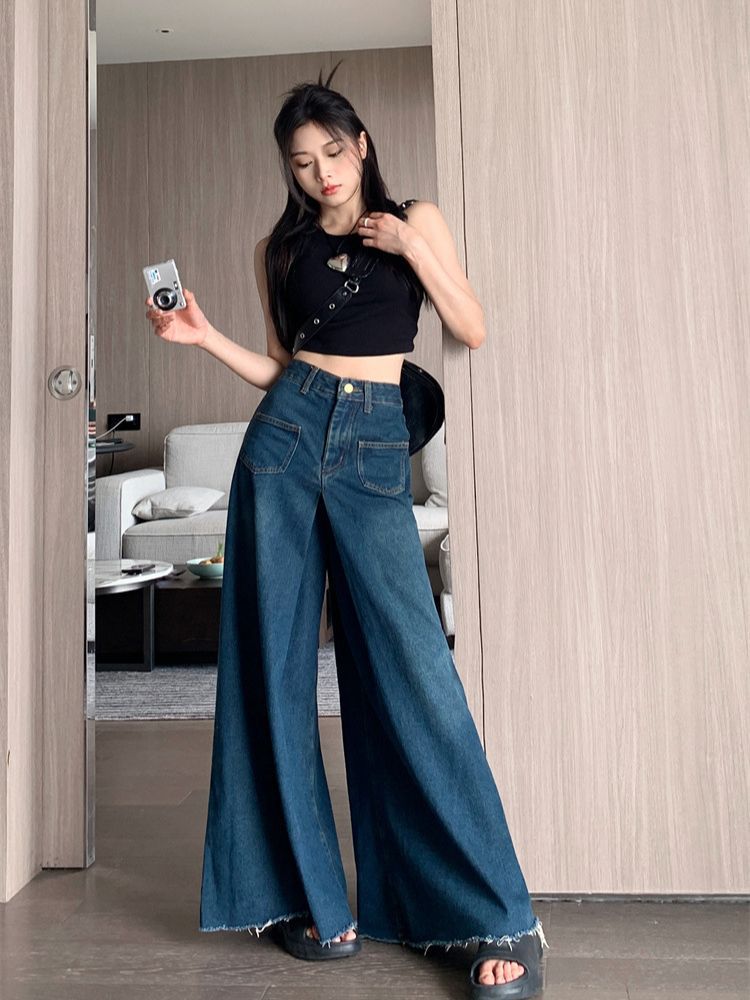 Real Shot European and American High Waist Raw Hem Bell-Bottom Pants Jeans Summer Korean Style Beard Edge Retro Wide Leg Mop Jeans