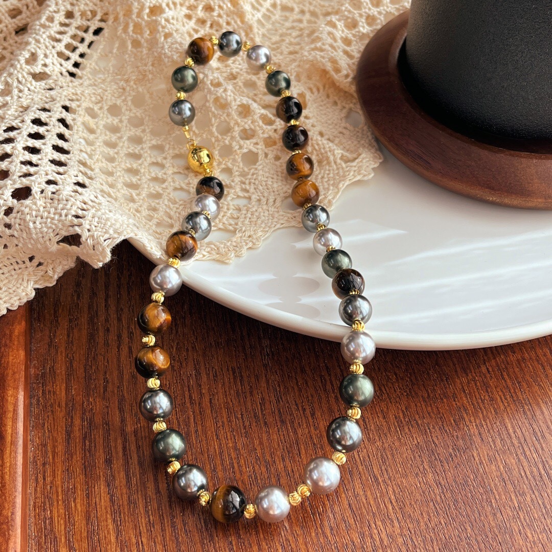 美拉德风 天然虎眼石施家珍珠混彩珠项链气质简约颈链小众设计女