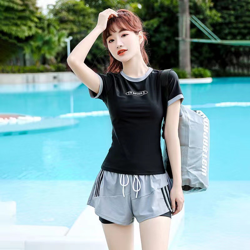 Women's Two-Piece Swimsuit Wholesale Short Sleeve Conservative Cover Belly Thin Professional Sports Sexy Hot Spring Two-Piece Suit Seaside Swimwear