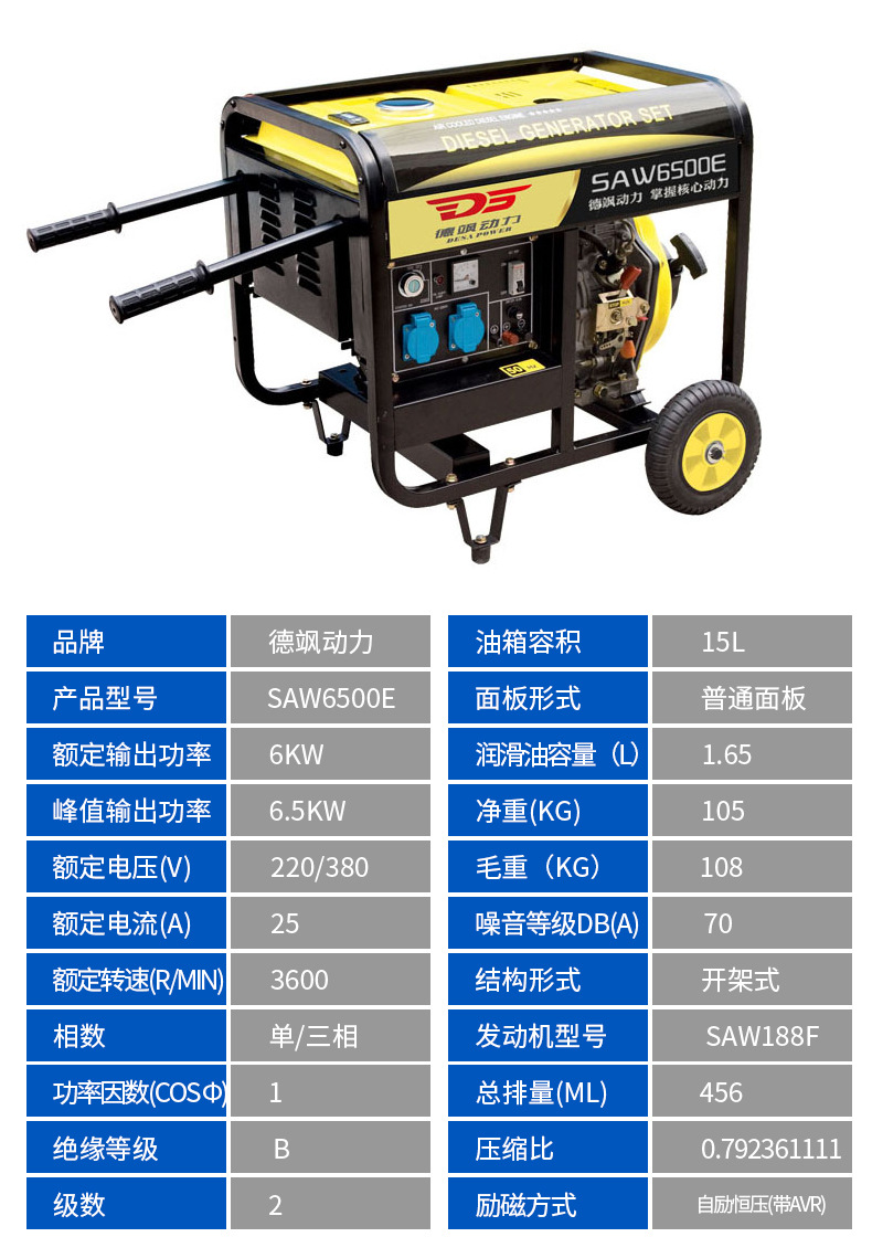 飒威6kw千瓦柴油发电机220v单相三相380v小型移动便携柴油发电机