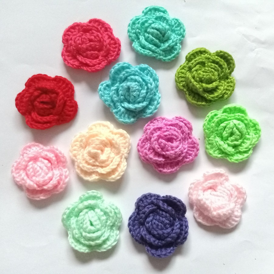毛线花朵辅料手钩花胸花立体玫瑰花diy服装毛衣装饰纽扣贴花5cm