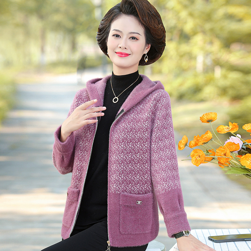 中年妈妈秋冬装短款拉链毛呢外套洋气中老年女仿貂绒针织开衫上衣