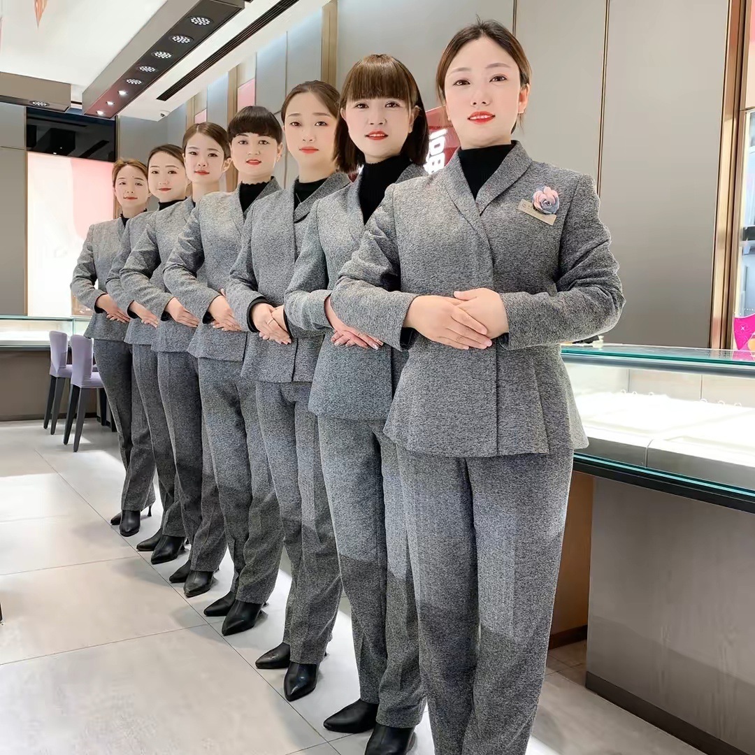 高端珠宝店周大福珠宝品牌尊贵灰春秋版长袖西装套装指定工作服女