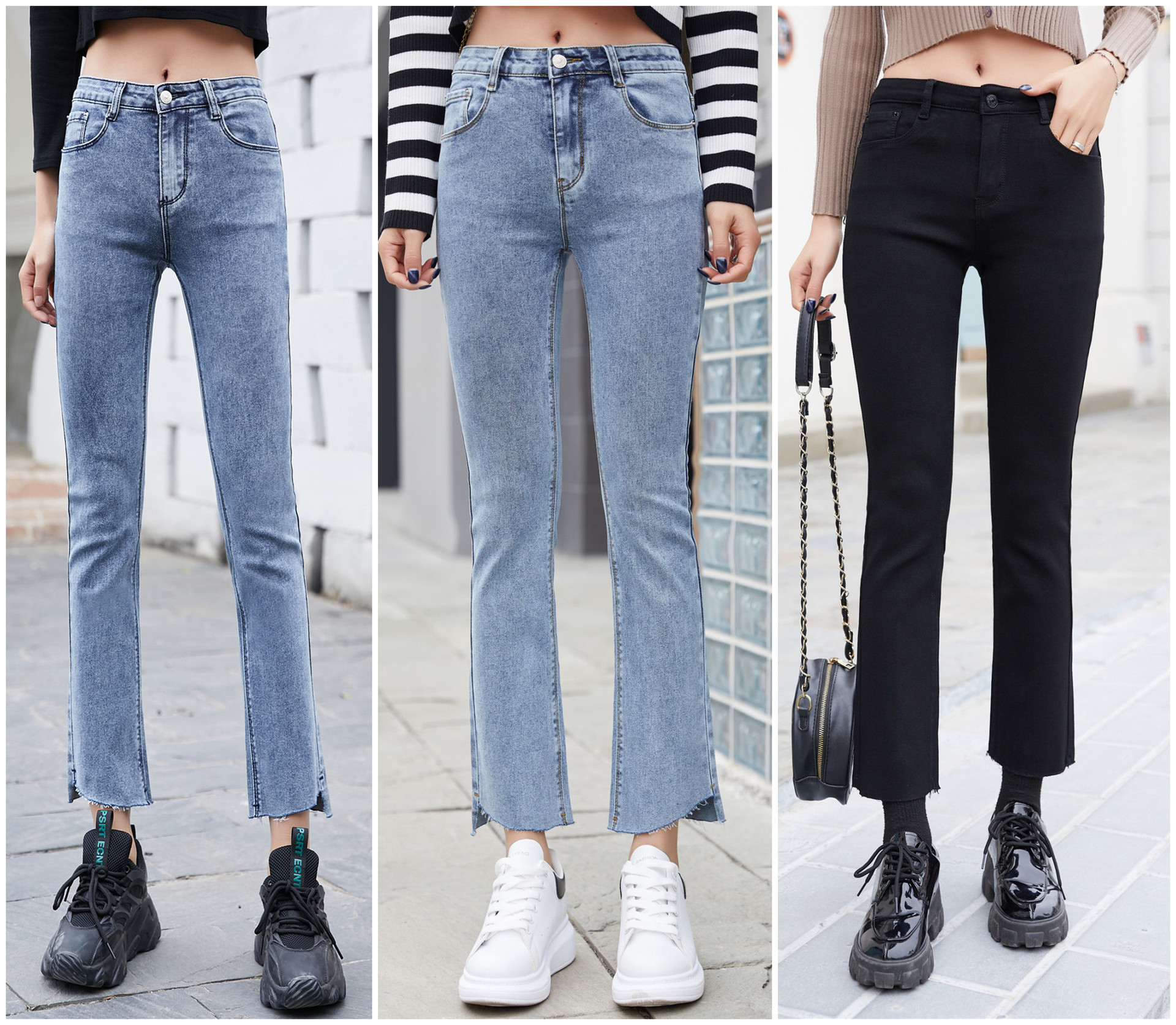 中腰裤显瘦显高浅色黑色微喇弹力毛脚边开叉八分九分牛仔裤女