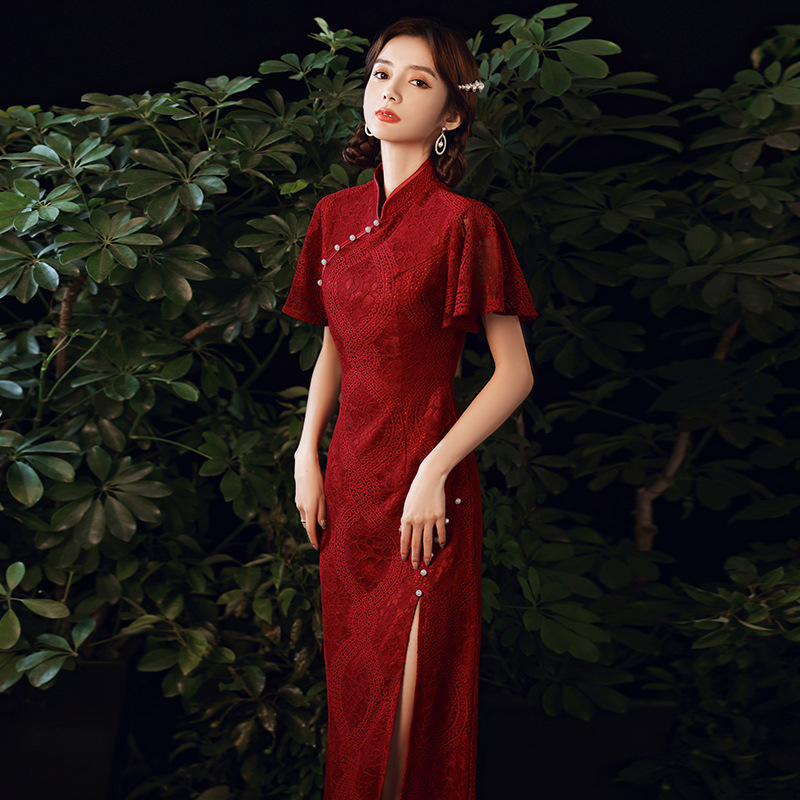 新娘敬酒服2021新款冬季旗袍端庄酒红色长款结婚订婚中式小礼服女