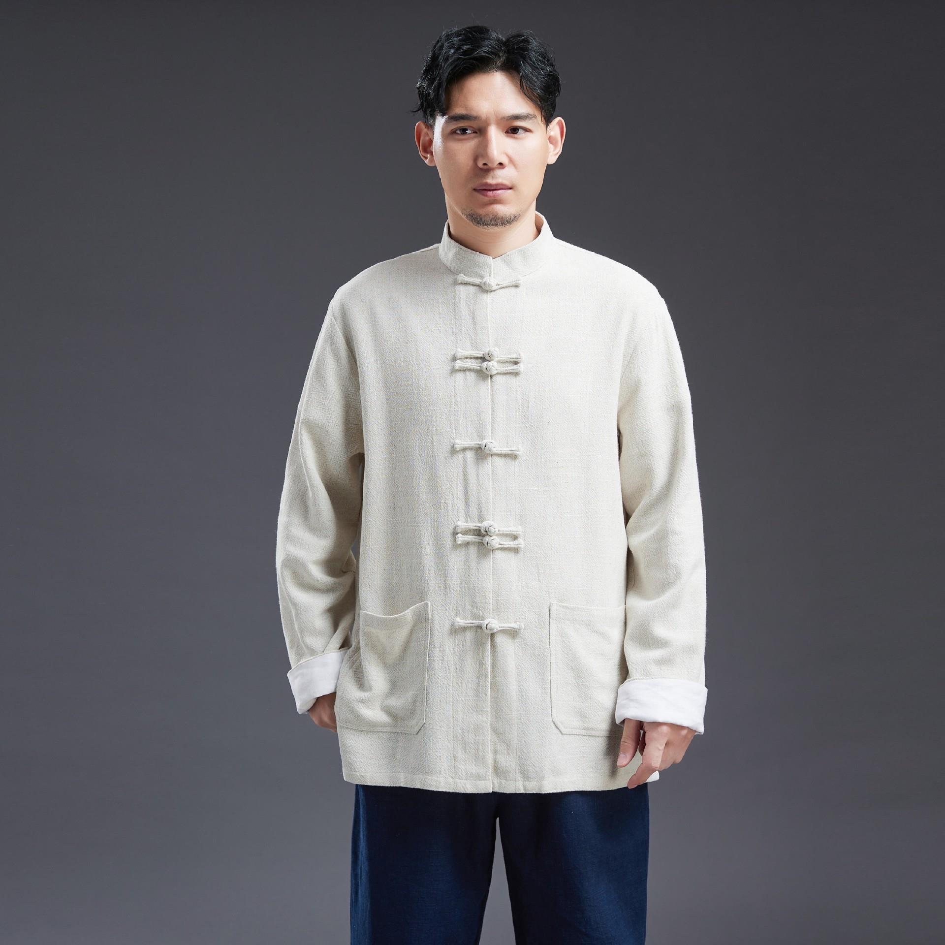 春季新品苎麻立领开衫盘扣上衣外套男款对襟衬衫中国风宽松休闲