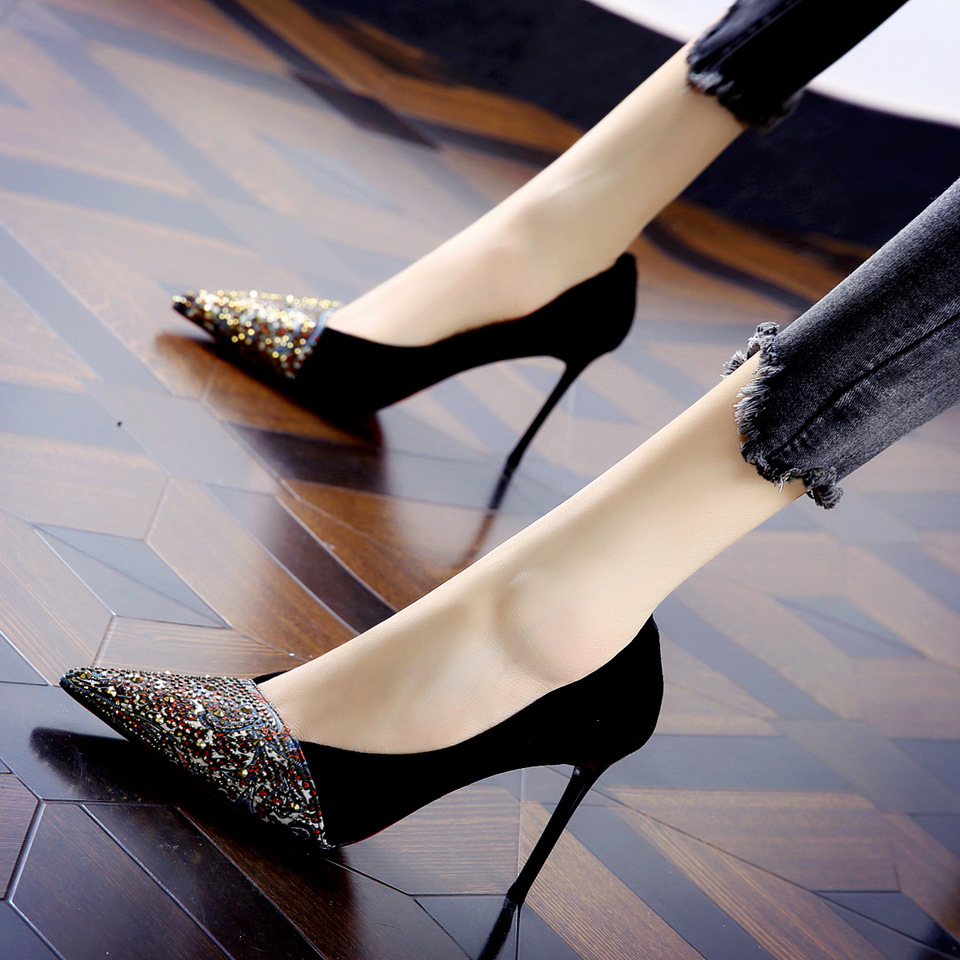 尖头高跟鞋女细跟2020春季新款时尚水钻黑色百搭网红宴会单鞋女鞋