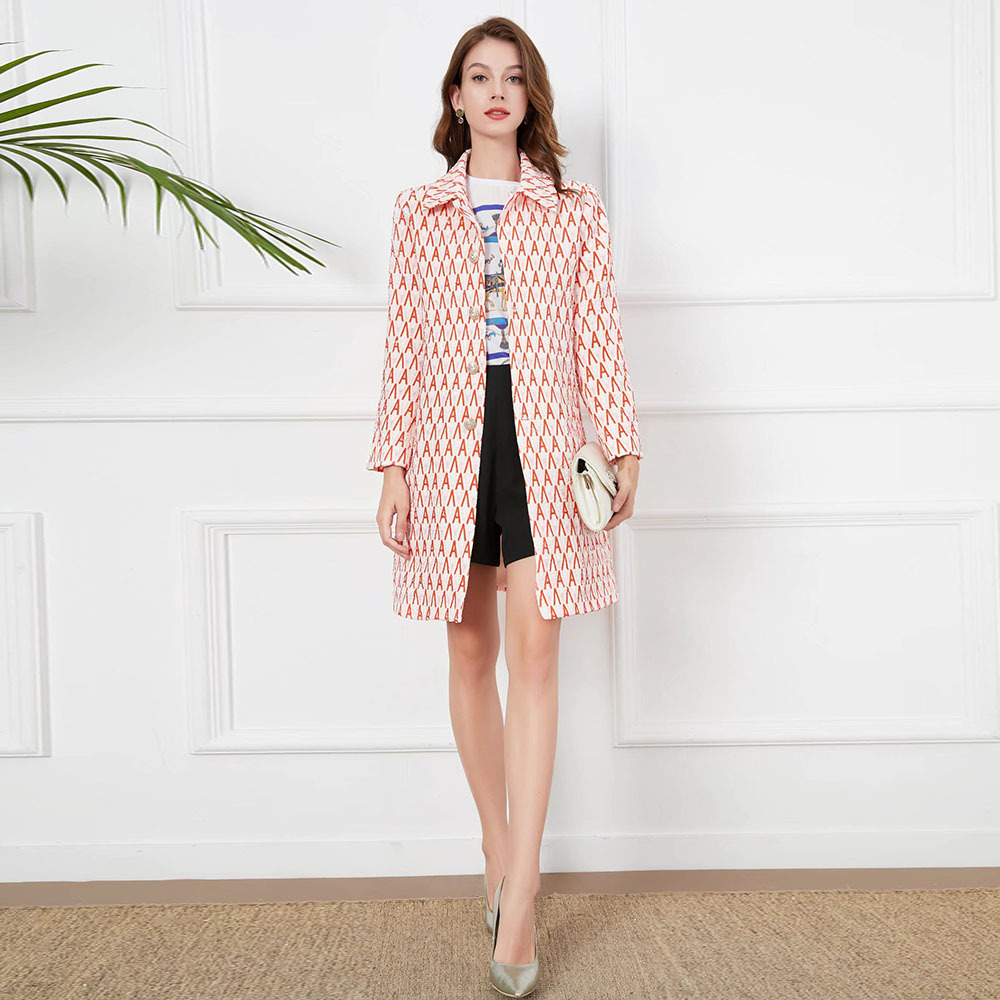 欧美风21年秋季街头时尚跨境女装批发字母提花印花翻领单排扣风衣