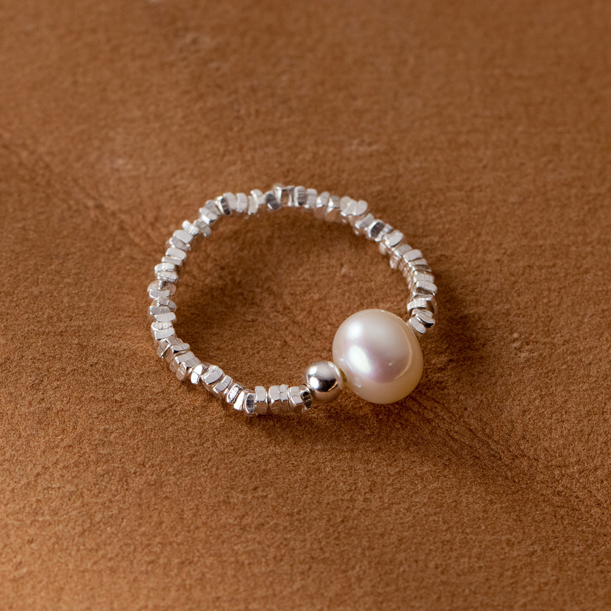 爱洛奇 s925纯银珍珠光珠碎银戒指ins风简约气质手饰品女r01129