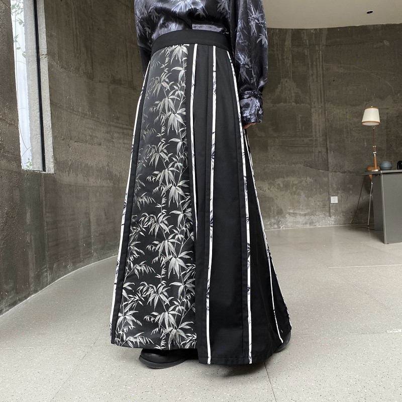 中国风刺绣提花竹子撞色改良休闲马面裙男新中式汉服拖地长裙cos