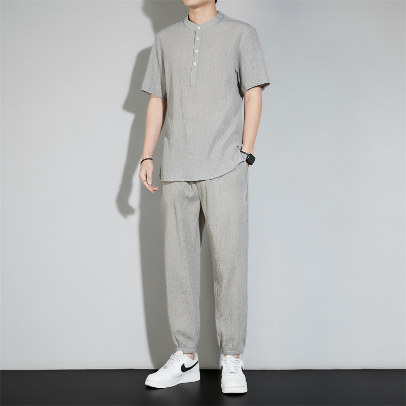 亚麻套装男士夏季冰丝薄款衣服一套运动休闲棉麻v领短袖t恤两件