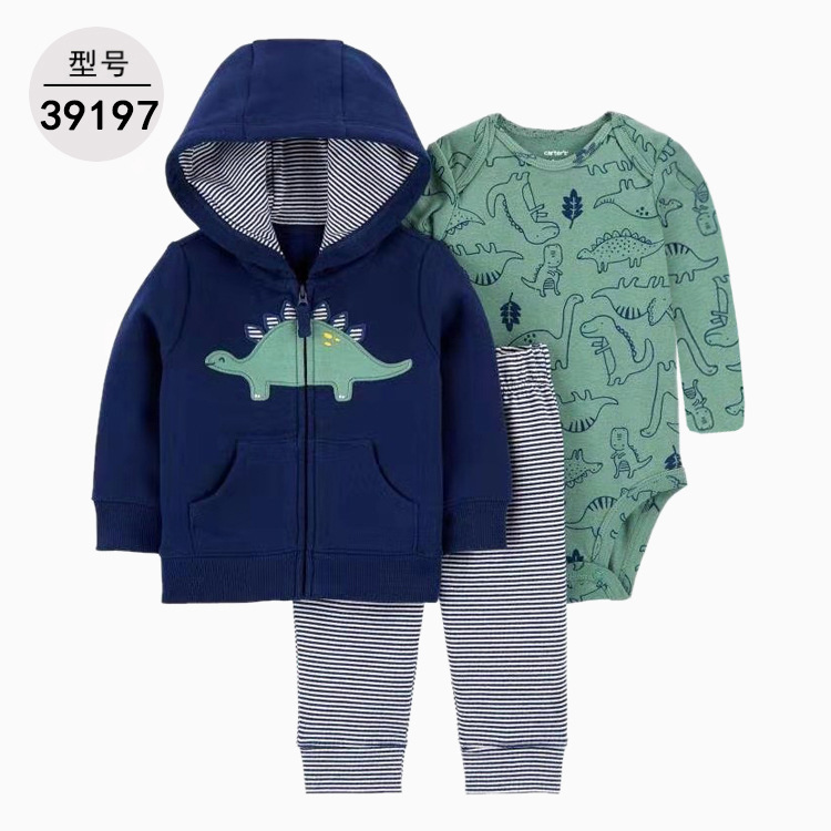 Spring and Autumn European and American Fashion Male and Female Baby Foreign Trade Hooded Long Sleeve Coat Onesie Three-Piece Suit One Piece Dropshipping