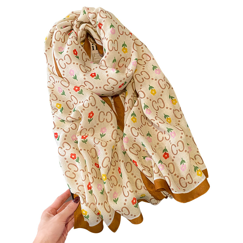 Autumn and Winter Warm Cotton and Linen Feel Scarf Colored Flowers Silk Scarf Outer Wear Oversize Shawl Dual-Use Mother Style