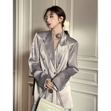 小众设计感缎面上衣2024春季新款韩版时尚高级双排扣小西装外套女