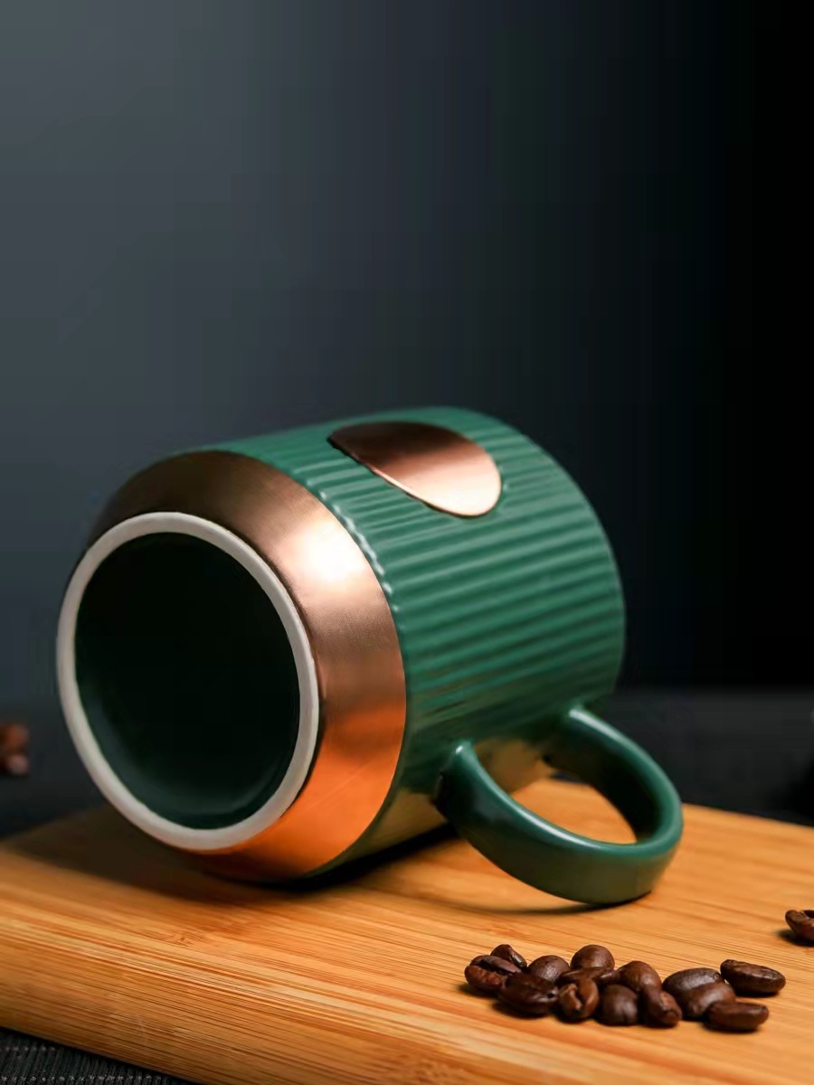 Xingba Copper Sheet Dark Green Ceramic Cup Office Male and Female Coffee Cups Golden Edge Striped Mug Couple Water Cup