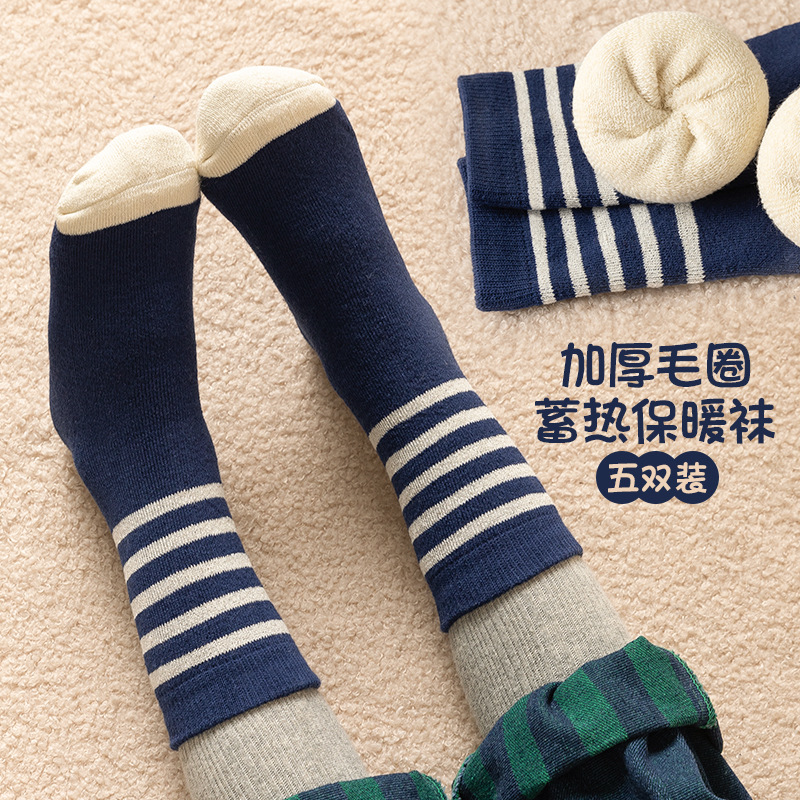 22 Winter Fleece Lined Padded Warm Keeping Heat Storage Boys Terry-Loop Hosiery Ins Mid-Calf Cotton Spot Children's Socks Wholesale