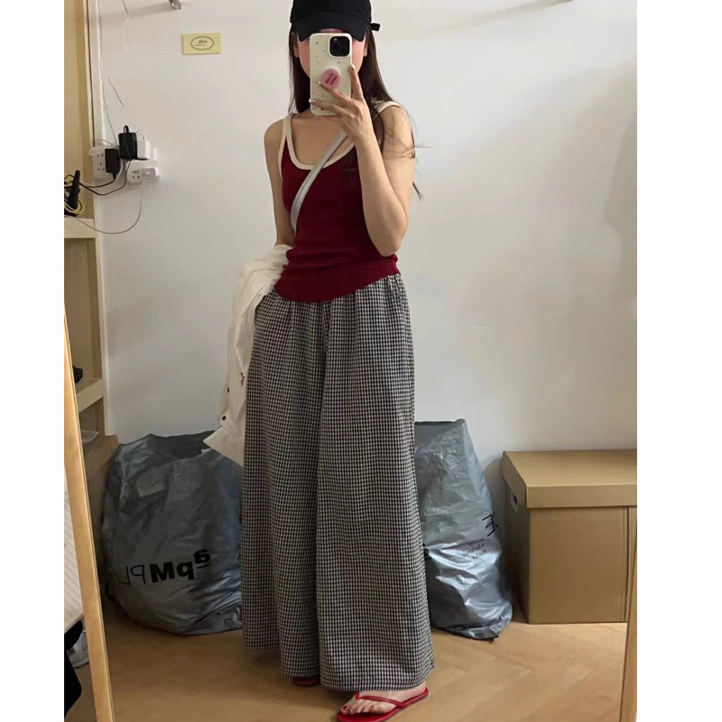 大摆裙裤女夏季棉麻慵懒风小格子甩裤松紧腰超宽松a字阔腿长裤裙