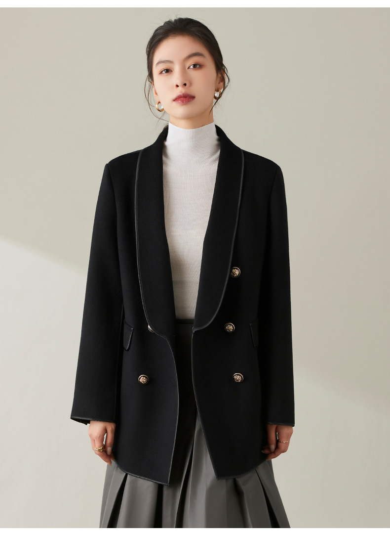 极简青果领双面羊绒大衣女手工羊毛外套新品秋冬季中长款毛呢大衣