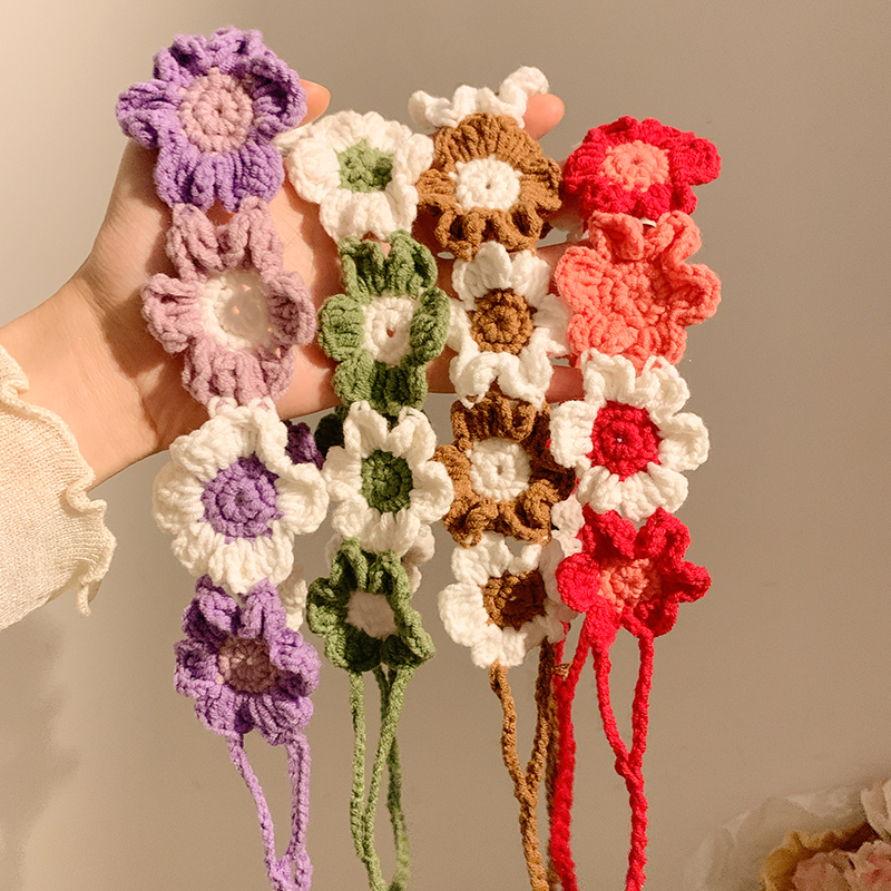 田园风~多巴胺花朵针织头巾女包头森系海边手工编织发带2024新款