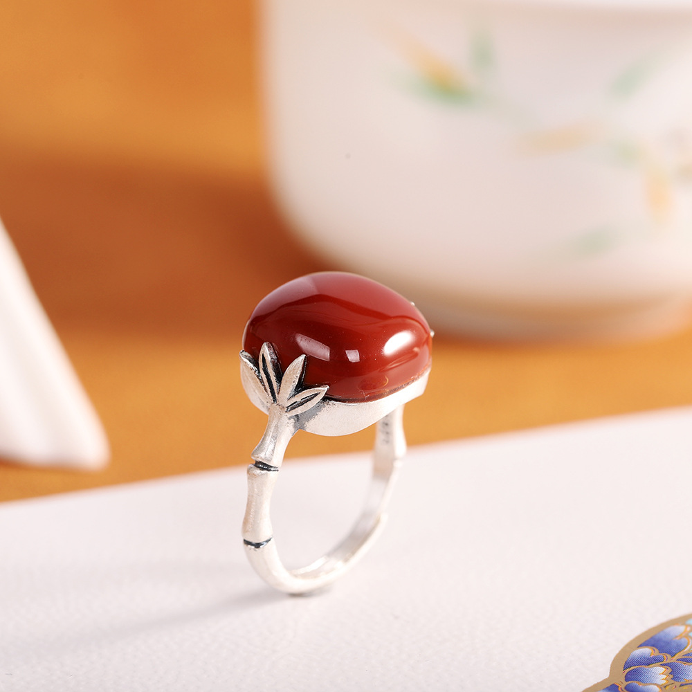 人品银品文艺复古手饰s925银镶南红玛瑙戒指开口女士竹叶指环哑光
