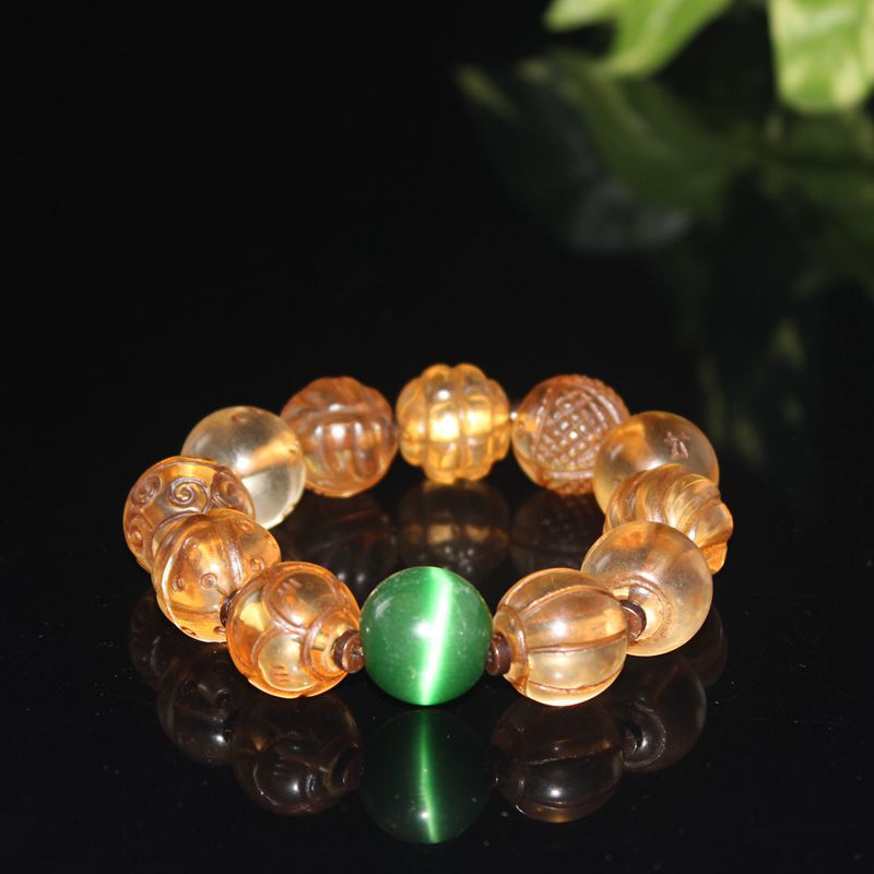 老琉璃多宝圆珠子搭配绿猫眼石手串 清代老珠古珠收藏 手链批发