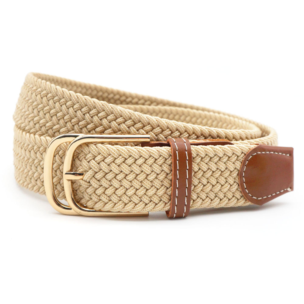 厂家直供跨境女士松紧编织腰带金色扣头休闲弹力皮带松紧编织腰带