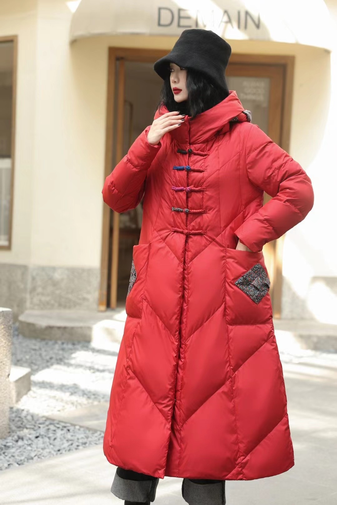 中国风连帽羽绒服2023冬季新款复古盘扣加厚保暖中长款国风外套