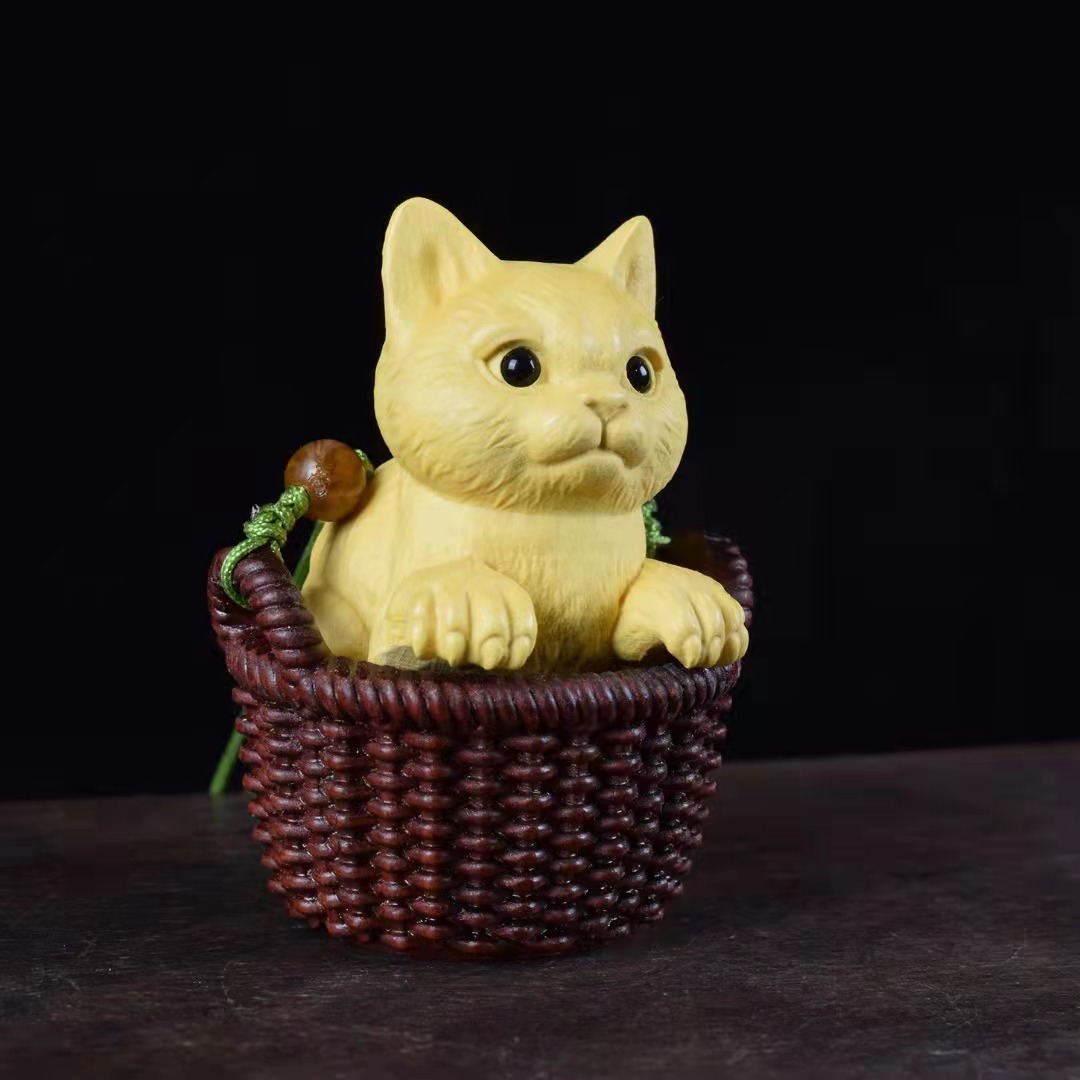 黄杨木雕刻工艺品摆件蓝小猫汽车挂件可爱小动物实木情侣礼物代发