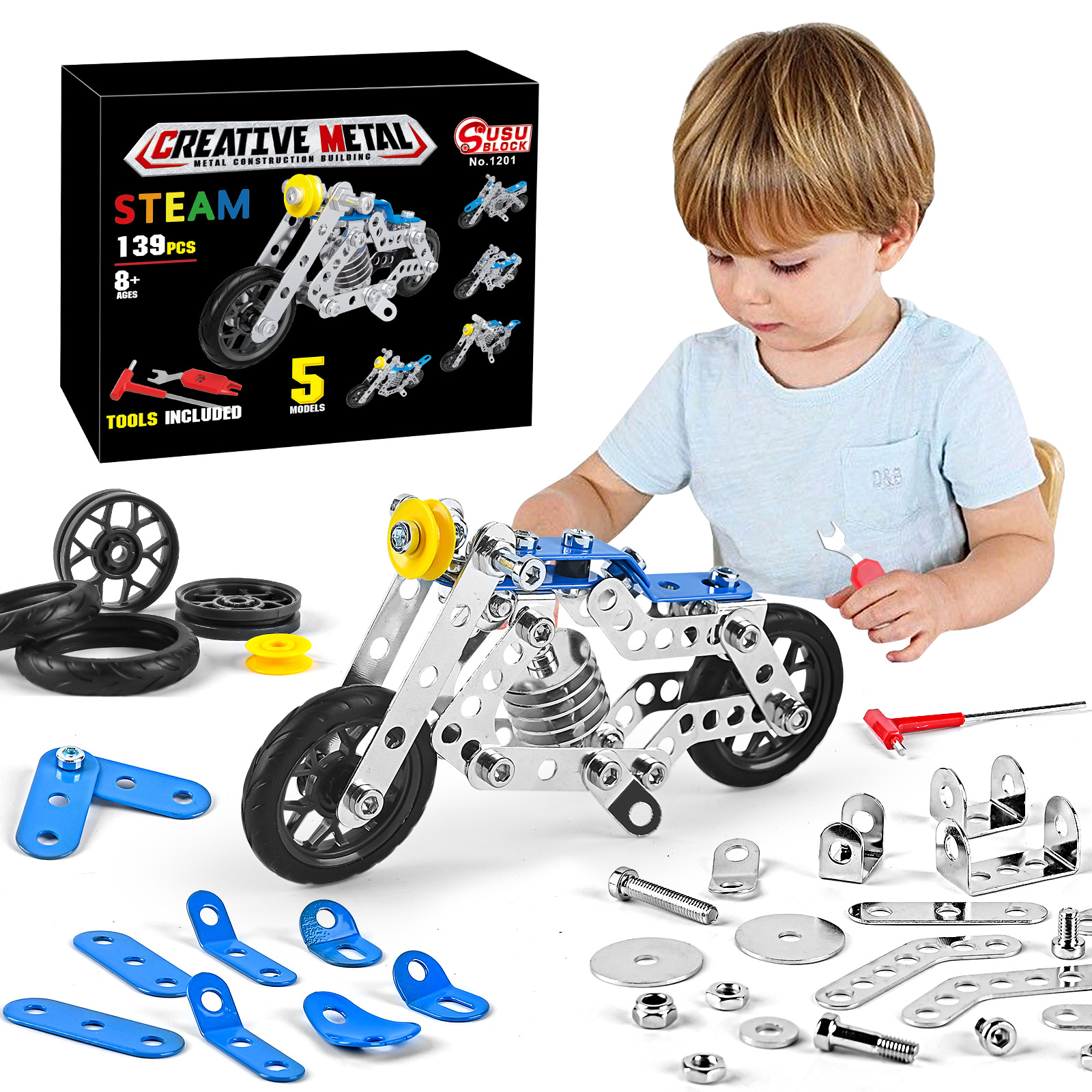 Children's Metal Assembly Motorbike Toy Building Blocks Cross-Border Screw Nut Assembly 3D Alloy Street Mechanical Model