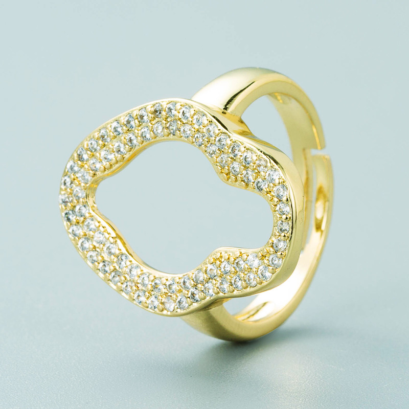 跨境批发铜镀18k金不规则几何开口戒指铜微镶锆石指环可调节指环