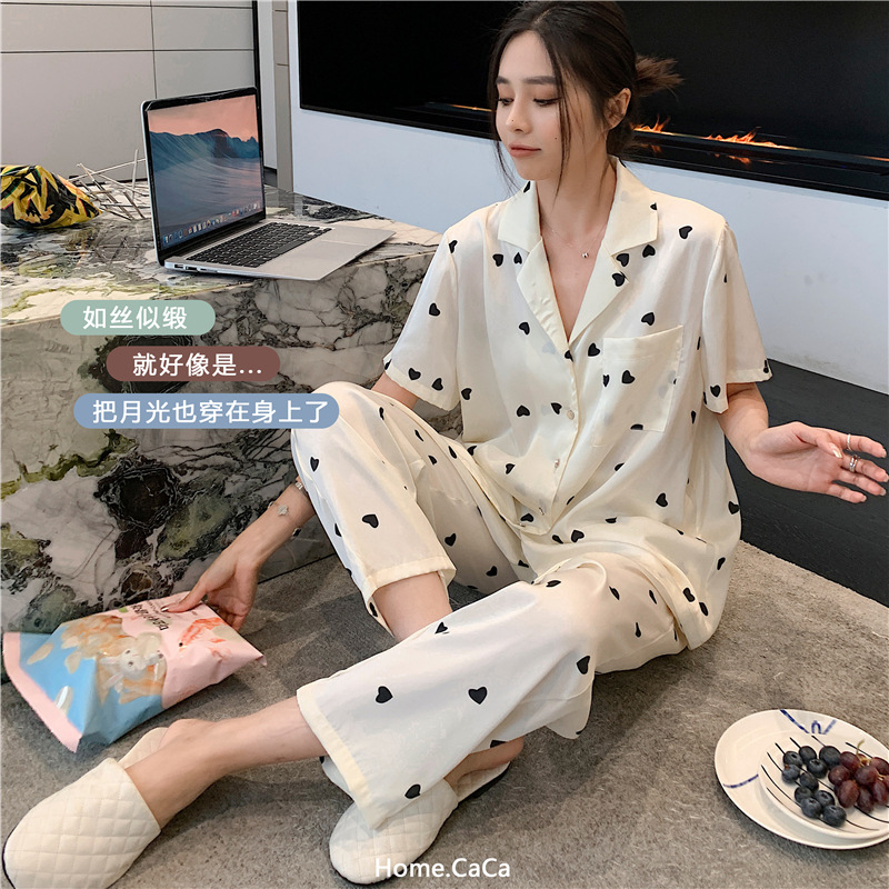 Summer Romantic Moonlight Satin Homewear Caca New Ice Silk Pajamas Women's Short-Sleeved Trousers Cardigan Homewear Outer Wear