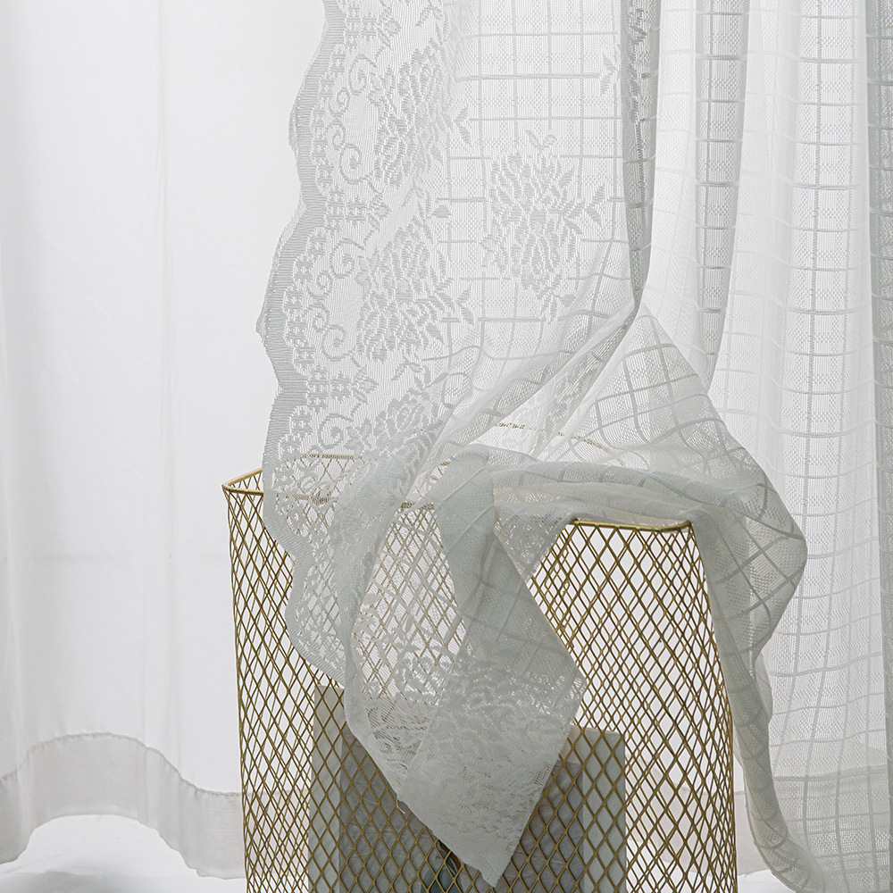 法式浪漫格子纱帘蕾丝花边窗纱现代简约公主白纱客厅卧