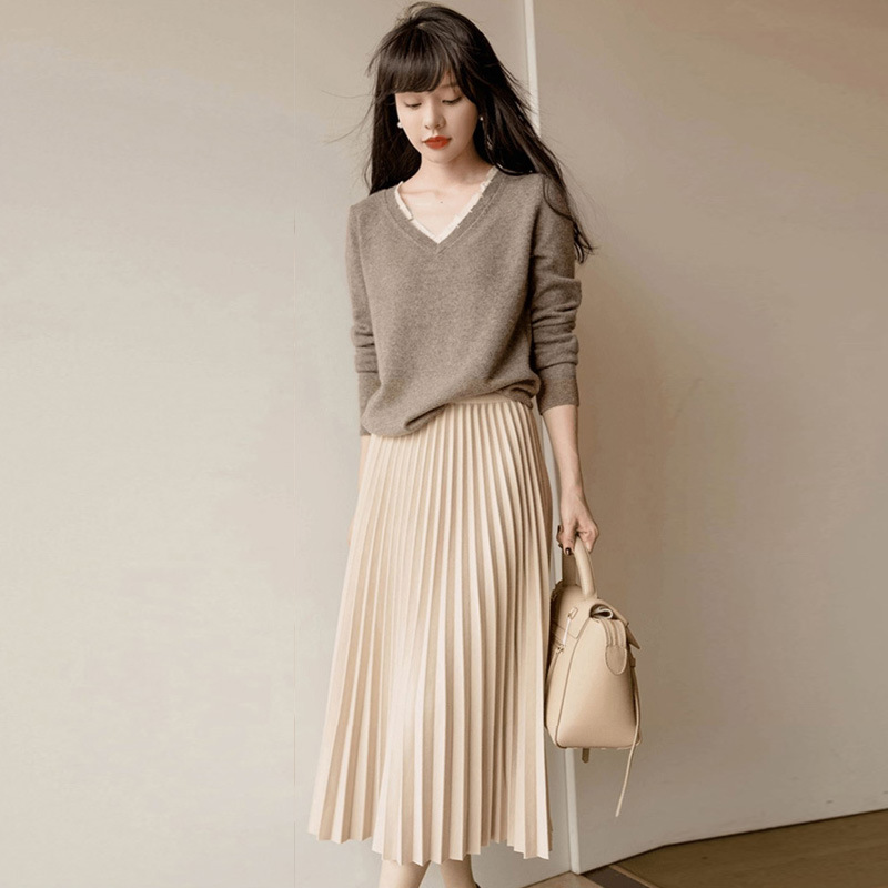 杏色半身裙女春秋中长款高腰显瘦风琴百褶裙冬天配毛衣毛呢a字裙