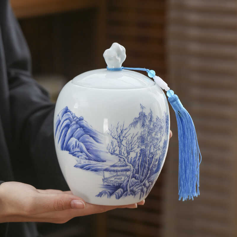 茶叶罐陶瓷中式大号精品高档密封储物罐山水带流苏茶叶包装空罐子