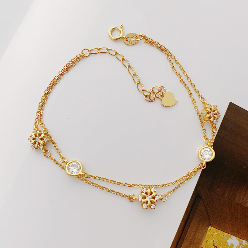 s925银手链女欧美风气质雪花锆石双层手链个性时尚手饰品直播货源