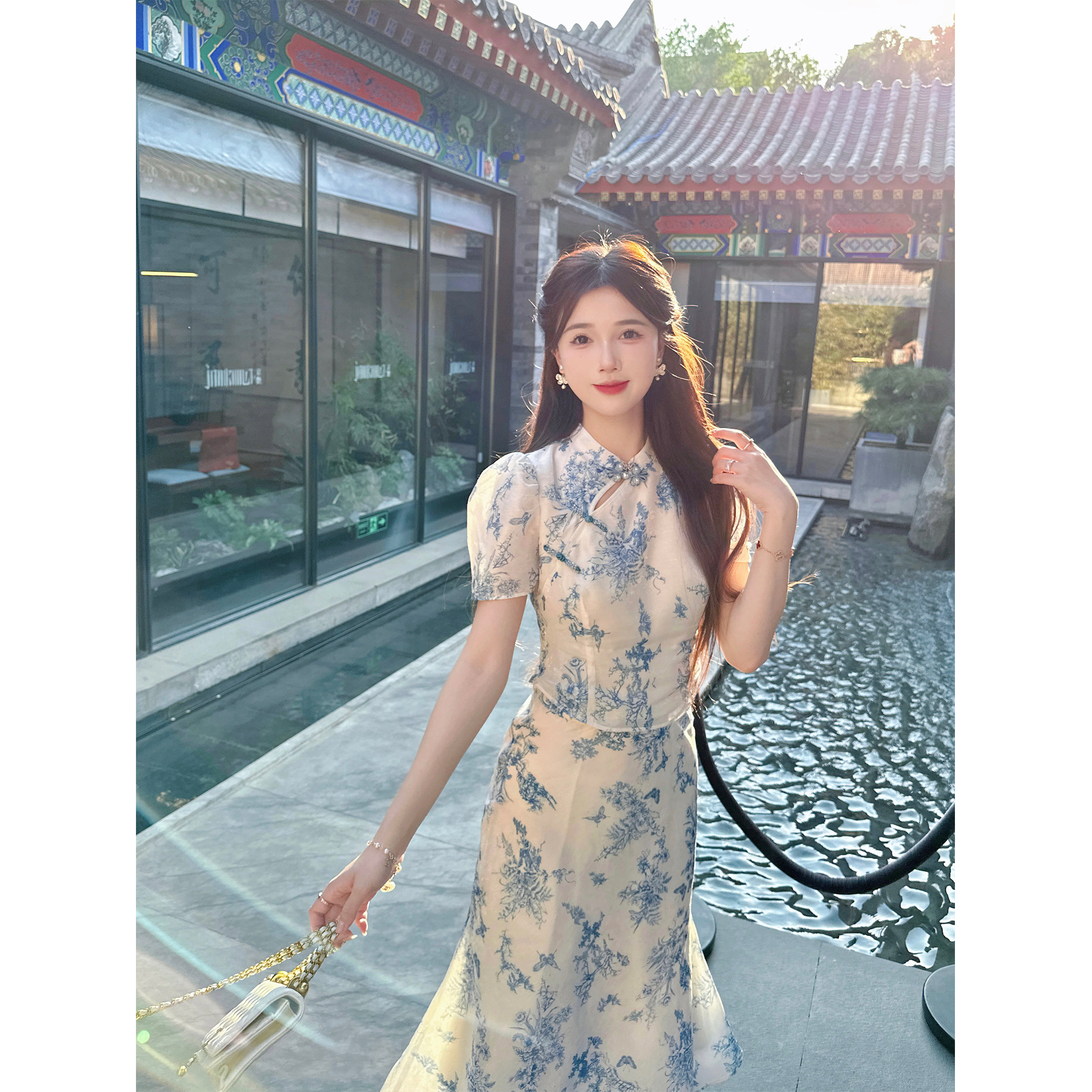 ga盈瓷青花瓷国风新中式半身裙女夏季新款套装气质显瘦裙子小个子