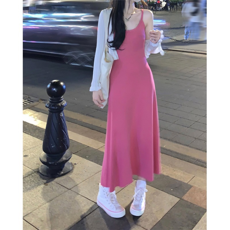 粉色针织吊带连衣裙女2024新款黑色小个子内搭长裙裙子打底裙早春