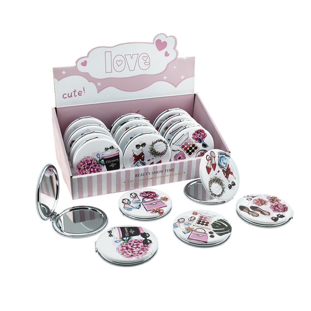 PU折叠化妆镜宿舍梳妆可爱图案小号便携随身翻盖式金属小镜子学生