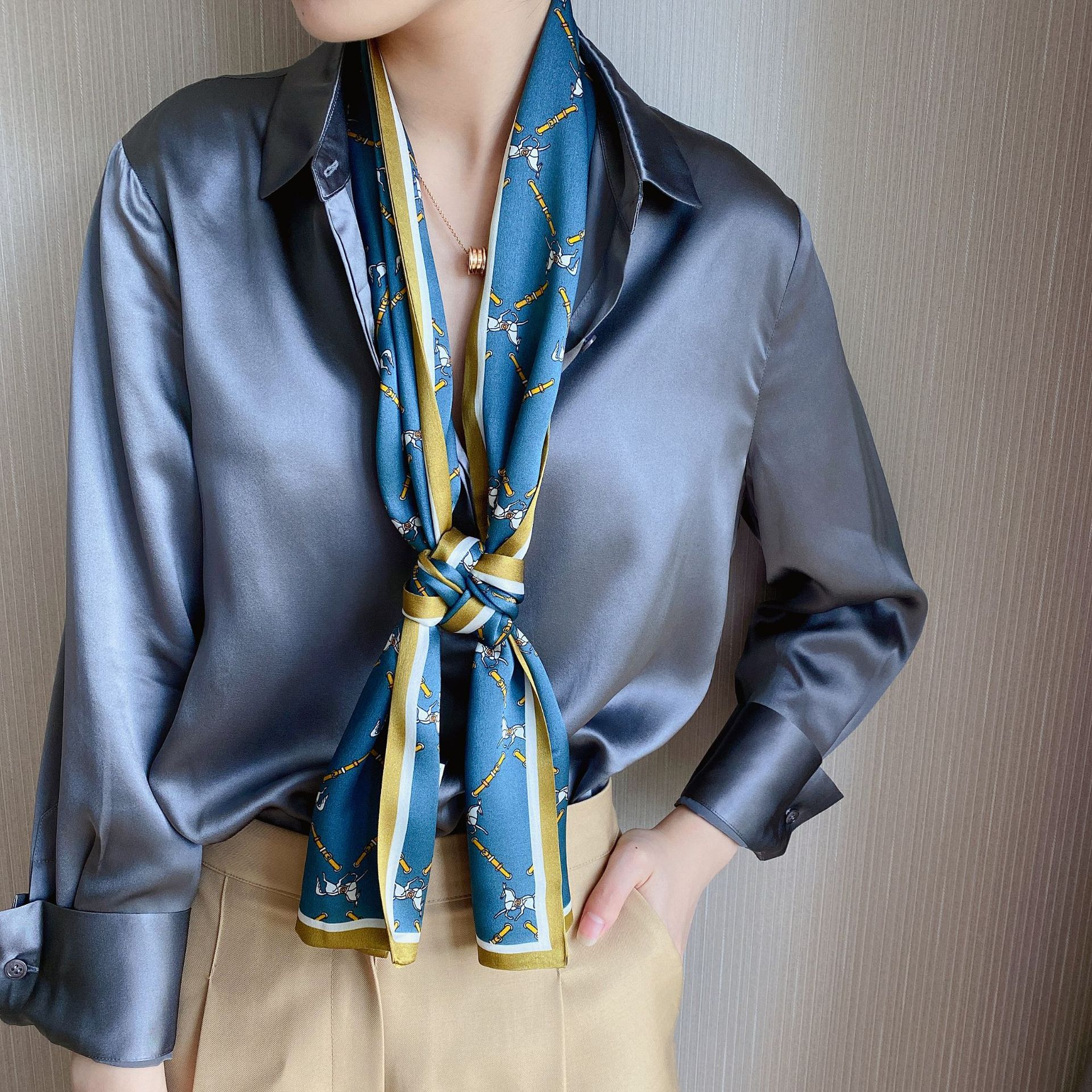 2022 New Korean Style Horse Silk Scarf Women's Double-Layer Wide Long Mulberry Silk Crepe Satin Scarf Ribbon