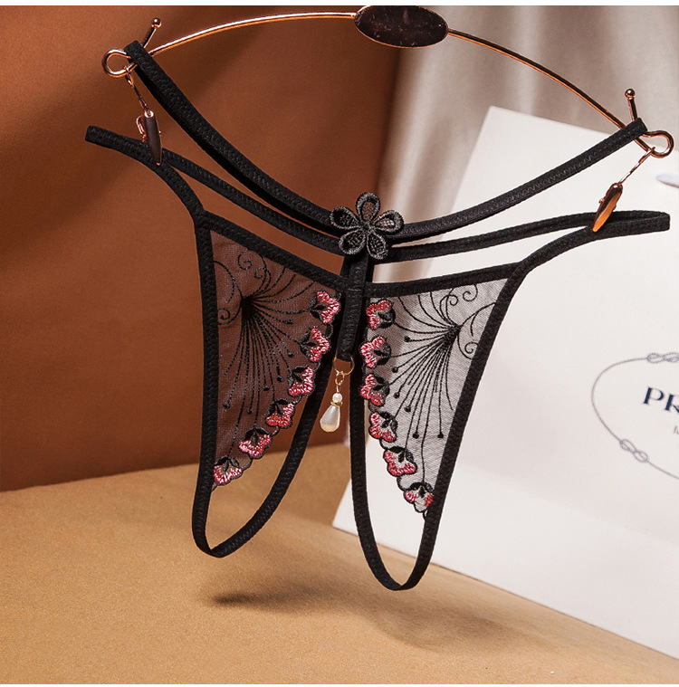 轻薄低腰弹力透视开档情趣内裤女开叉性惑刺绣透气丁字裤情侣挑逗