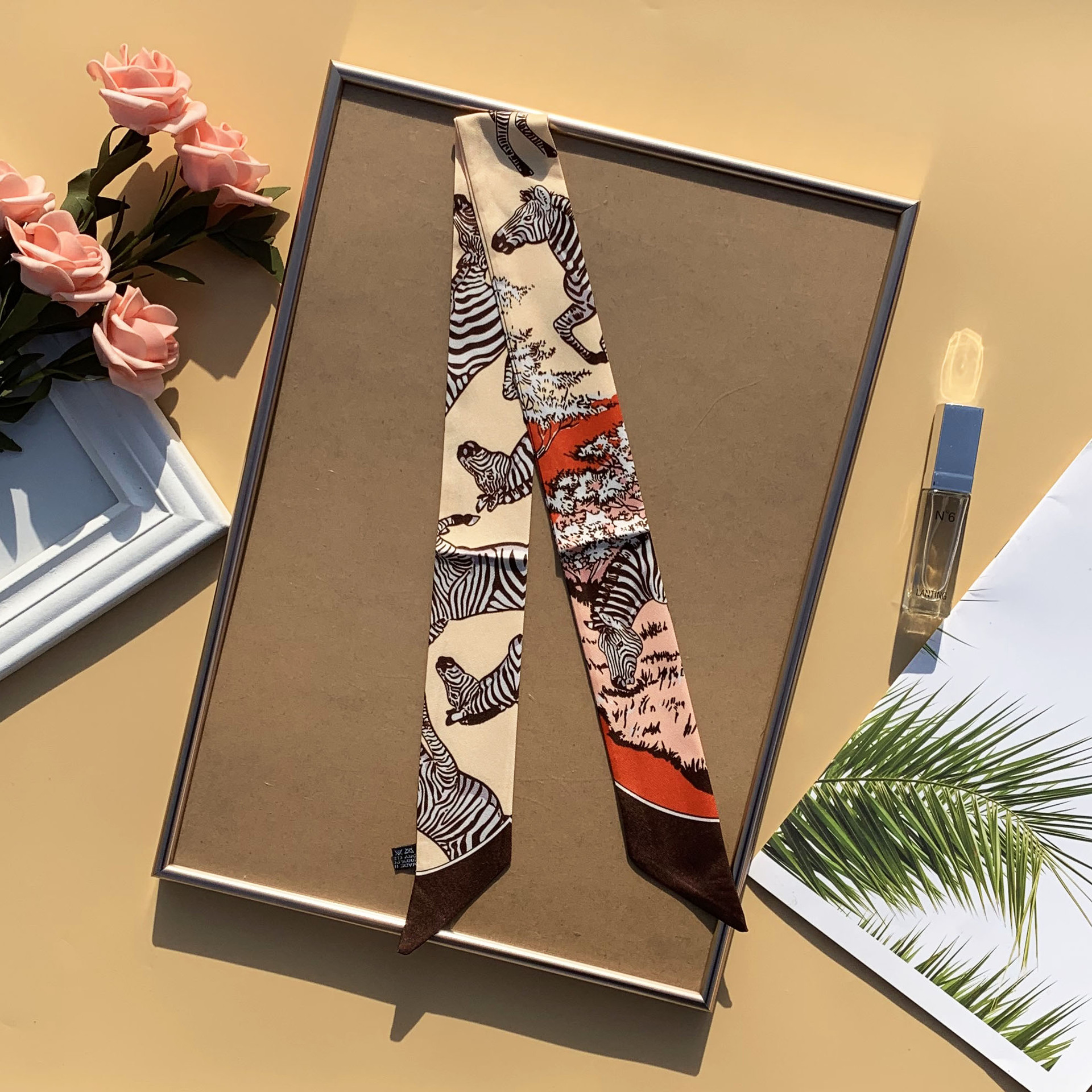 韩版春秋装饰小丝巾女百搭长款细窄长条链条西装气质领巾包带发带