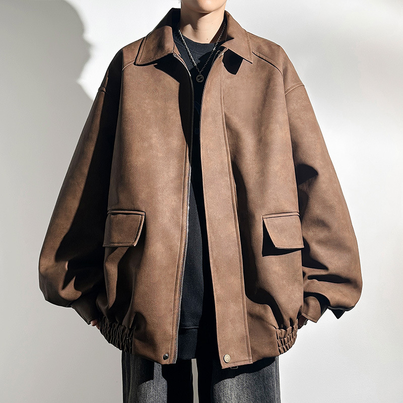 复古麂皮绒外套男春秋季2024新款小香风pu皮衣服翻领美式工装夹克