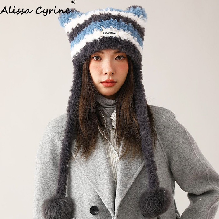 Winter Winter Warm Dopamine Color Matching Cat Ears Hat Plush Woolen Knitted Hat Can Be Used as Bag Ushanka